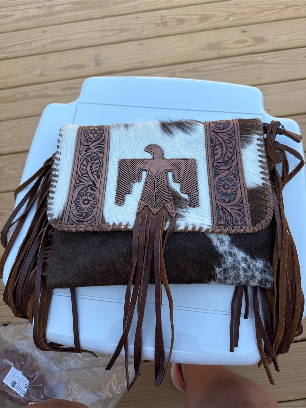 American Darling NEW Cowhide Leather Fringe Crossbody Bag - Brown & White